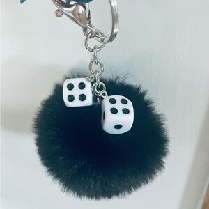 Black Furry Pom Pom Keychain with Dice